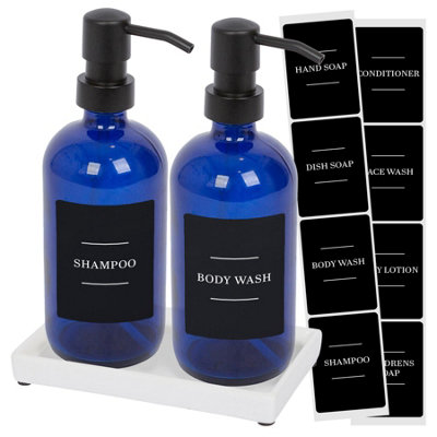 2pc Glass Soap Dispenser Set with Ceramic Tray & Labels - 500ml - Blue/Black