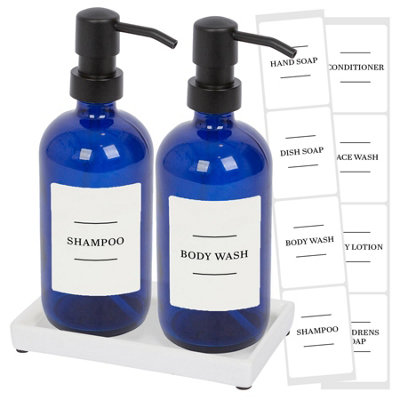 2pc Glass Soap Dispenser Set with Ceramic Tray & Labels - 500ml - Blue/White