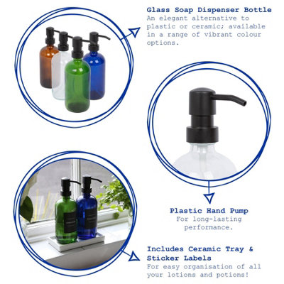 2pc Glass Soap Dispenser Set with Ceramic Tray & Labels - 500ml - Blue/White