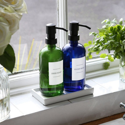 2pc Glass Soap Dispenser Set with Ceramic Tray & Labels - 500ml - Blue/White - 5