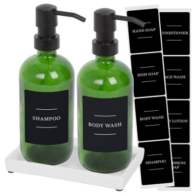 2pc Glass Soap Dispenser Set with Ceramic Tray & Labels - 500ml - Green/Black
