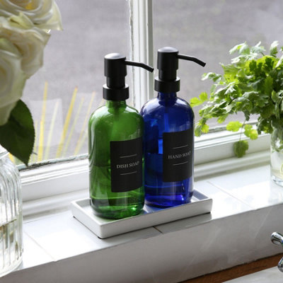 2pc Glass Soap Dispenser Set with Ceramic Tray & Labels - 500ml - Green/Black - 5