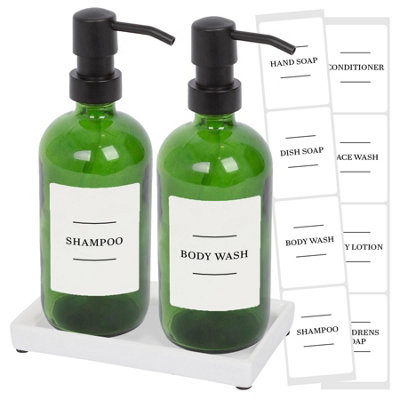 2pc Glass Soap Dispenser Set with Ceramic Tray & Labels - 500ml - Green/White
