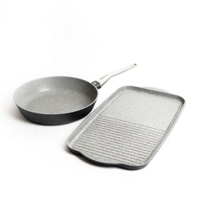 2pc Induction-Safe & Non-Stick Cast Aluminium Pan Set with 28cm Frying Pan and Dual Griddle Tray