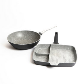 2pc Induction-Safe & Non-Stick Cast Aluminium Pan Set with Three-Section Grill Pan, 32cm and Wok, 28cm
