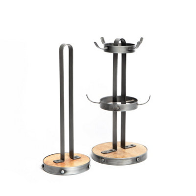 2pc Industrial Kitchen Mango Wood and Metal Kitchenware Set including 32cm Mug Tree and 31cm Kitchen Towel Holder