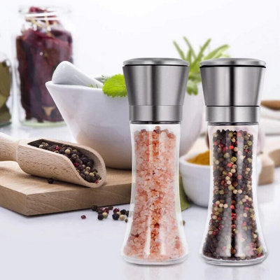 2pc Salt & Pepper Grinder with Glass Body and Stainless Steel Grinder 180ml