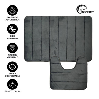 2pc Super Soft Memory Foam Bath Mat - Dark Grey Stripe