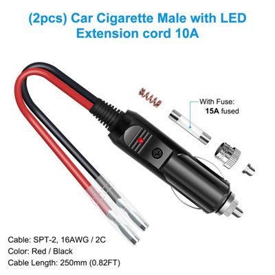 2pcs 16AWG 12V/24V Car Cigarette Lighter Male Plug with Leads, Replace Extension Cable, Cigar Female Socket Plug Extension Cable