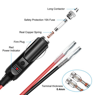 2pcs 16AWG 12V/24V Car Cigarette Lighter Male Plug with Leads, Replace Extension Cable, Cigar Female Socket Plug Extension Cable