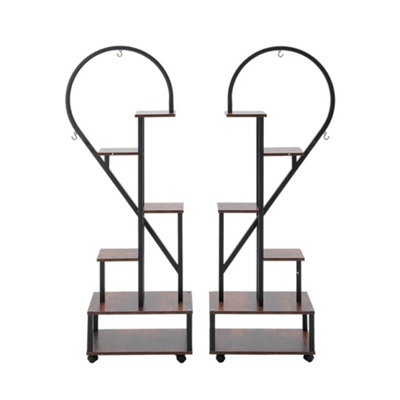 2Pcs 6 Tier Brown Rustic Half Heart Shaped Plant Stand Display Shelf with 4 Casters H 109cm