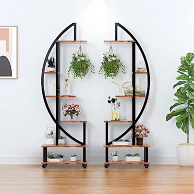 2Pcs 6 Tier Rustic Brown Crescent Wood Plant Stand Display Shelf with 4 Casters H 146cm