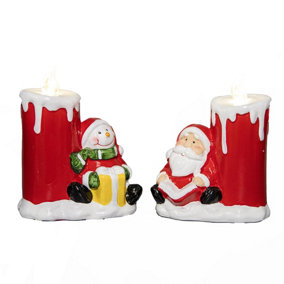 2Pcs Assorted Santa & Snowman Resin Christmas Flameless LED Candles Battery Operated