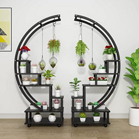 2Pcs Black Half Moon Shaped Metal Frame Plant Stand Display Shelf with Wheels 100 cm