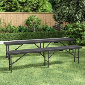 2Pcs Black Rattan Effect Plastic Outdoor Garden Folding Bench Set Portable with Carrying Handle 5.9ft