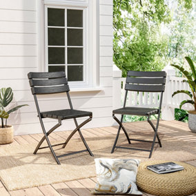 2Pcs Black Slatted Outdoor Plastic Folding Chairs Set Dining Chairs Set 81 cm