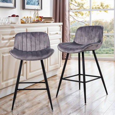 2PCS Grey Flannel Upholstered Bar Stools with Backrest and Footrest