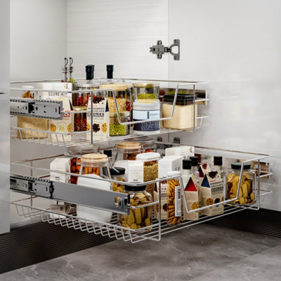 2Pcs Metal Sliding Kitchen Cabinet Pull Out Wire Basket Cupboard Drawer Organizer W 600mm