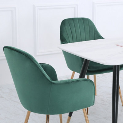 2Pcs Modern Green Velvet Upholstered Dining Chairs with Polished Gold Legs