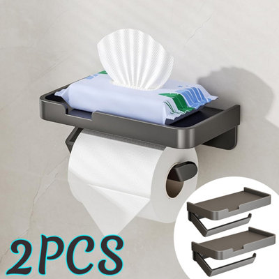 2Pcs Multifunctional Wall Mount Aluminium Toilet Roll Holder with Shelf ...