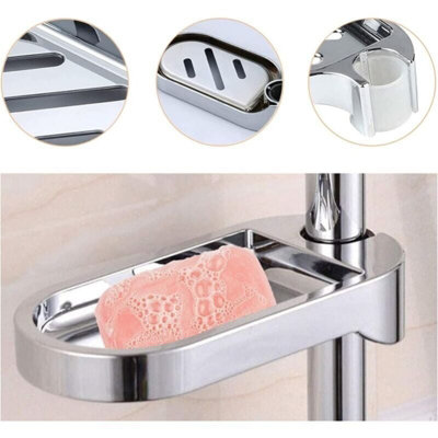 Adjustable Shower Rod Soap Dish Holder - ABS Chrome Plated, Sliding Sponge & Soap Organizer