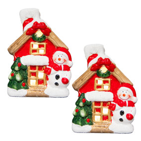 2Pcs Snowman Christmas Resin House Light Up Battery Operated