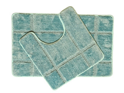 2Pcs Soft Microfiber Non-Slip Bath & Pedestal Mat Set - Sea Green