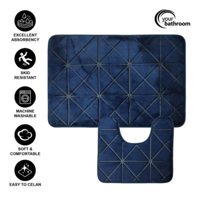 2Pcs Super Soft Memory Foam Bath Mat - Blue Lattice