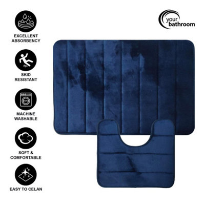 2Pcs Super Soft Memory Foam Bath Mat - Blue Stripe