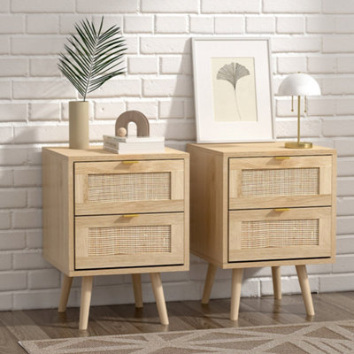 2Pcs Wood and Rattan Side Cabinet for Living Room Bedroom Nightstand Table