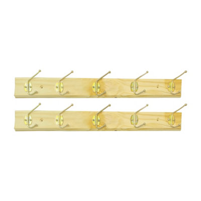 2pcs Wooden Coat Rack, Wall Mounted with 5 Double Metal Coat Hooks, 49.5cm Clothes Hanger