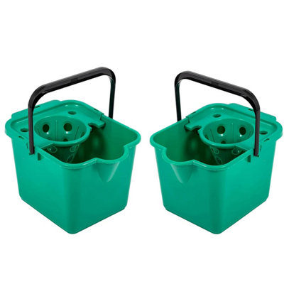 2x 12 Litre Capacity Green Coloured Floor Cleaning Mop Buckets With Pouring Lip