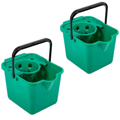 2x 12 Litre Capacity Green Coloured Floor Cleaning Mop Buckets With Pouring Lip