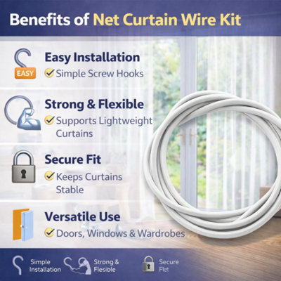 2x 3M Net Curtain Wire with 8 Hooks and 8 Eyes Strong Flexible Hanging ...