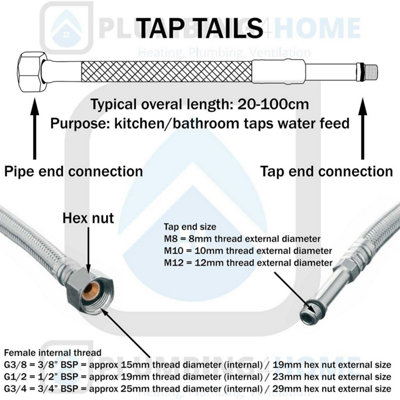 2x 60cm Long M10 x 3/8" Inch BSP Pair of Gold Nylon Braided Flexible Tap Faucet Tail Hose - 3