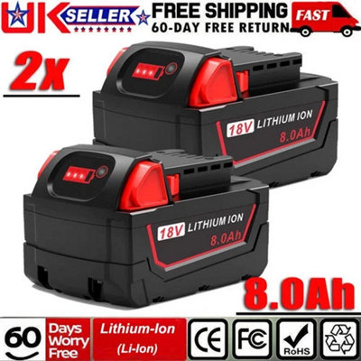 2x 8.0Ah 18V Replacement Battery for Milwaukee M18 Extended Capacity