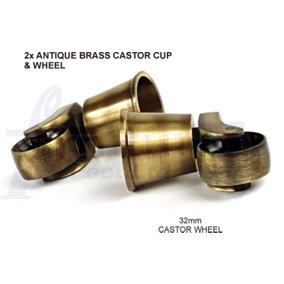 2x ANTIQUE BRASS CASTOR & CUP REPLACMENT 32mm ANTIQUE BRASS CASTORS FIX WITH SCREW OR BOLT NOT SUPPLIED