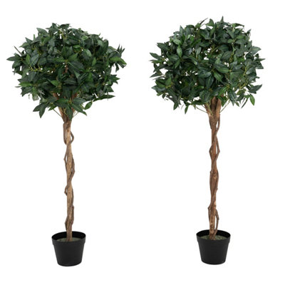 2x Artificial Bay Topiary Tree - Premium 4ft Tree, Braided Wood