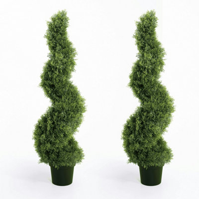 2x Artificial Spiral Topiary Tree - 4ft Faux Cedar Twist by Blooming Artificial