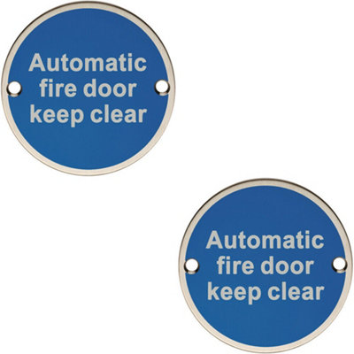 2x Automatic Fire Door Keep Clear Plaque 76mm Diameter Bright Stainless Steel