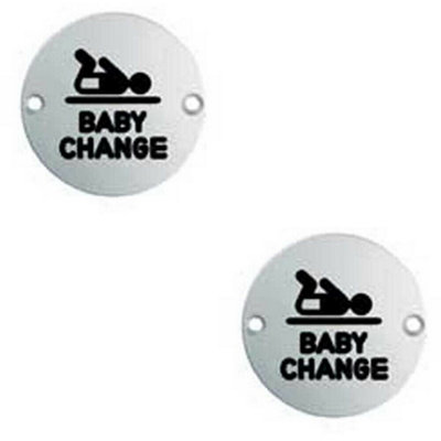 2x Bathroom Door Baby Change Sign 64mm Fixing Centres 76mm Dia Polished Steel