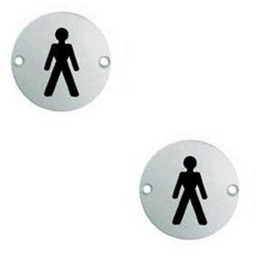 2x Bathroom Door Male Symbol Sign 64mm Fixing Centres 76mm Dia Polished Steel