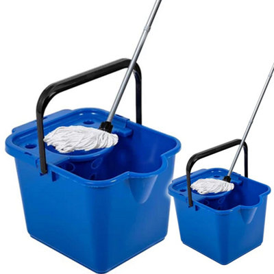 2x Blue 12 Litre Cotton Mop & Bucket Hard Floor Cleaning Set With Wringer & Pouring Lip