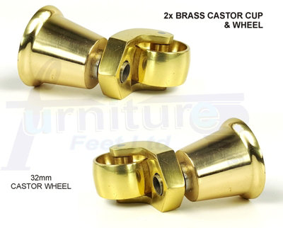 2x BRASS CASTOR & CUP REPLACMENT 32mm BRASS CASTORS FIX WITH SCREW OR BOLT NOT SUPPLIED