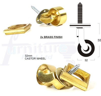 2x BRASS CASTOR & SQUARE32mm SCREW IN CASTOR  FURNITURE BEDS SOFAS CHAIRS STOOLS