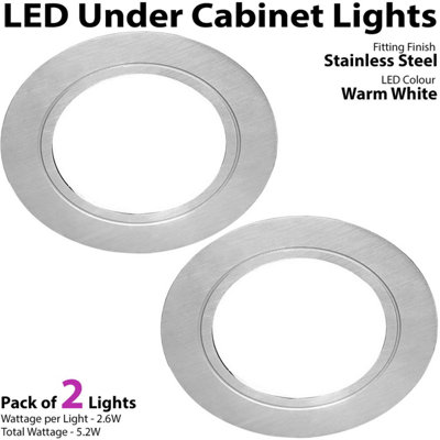 2x BRUSHED NICKEL Round Flush Under Cabinet Kitchen Light & Driver Kit - Warm White LED