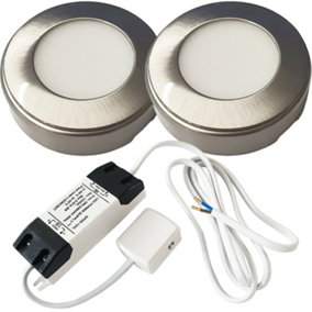 2x BRUSHED NICKEL Round Surface or Flush Under Cabinet Kitchen Light & Driver Kit - Warm White LED