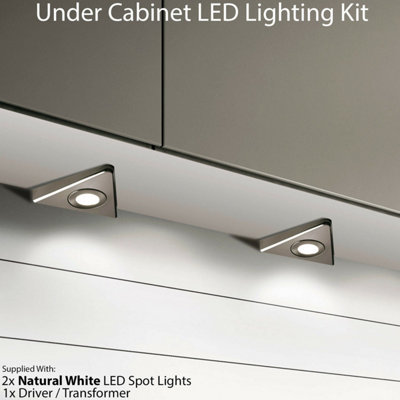 2x BRUSHED NICKEL Triangle Surface Under Cabinet Kitchen Light & Driver Kit - Natural White LED