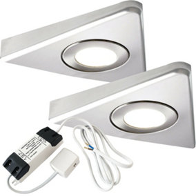 2x BRUSHED NICKEL Triangle Surface Under Cabinet Kitchen Light & Driver Kit - Warm White LED