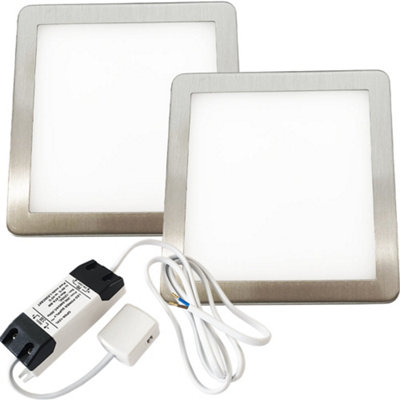 2x BRUSHED NICKEL Ultra-Slim Square Under Cabinet Kitchen Light & Driver Kit - Warm White Diffused LED